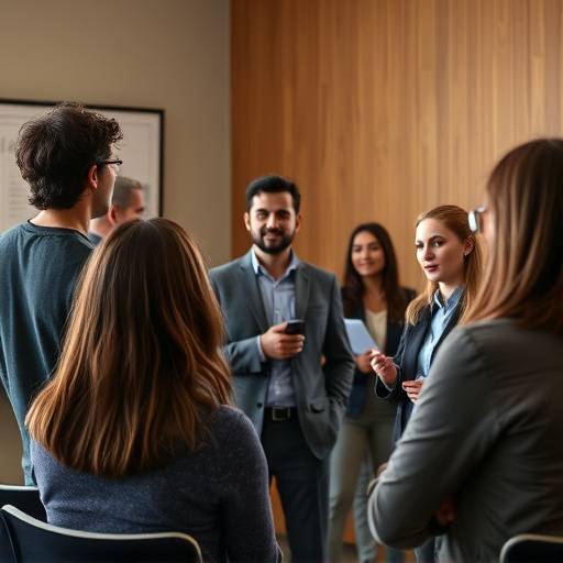 Un grupo diverso de personas participando activamente en un taller de oratoria, con un instructor guiando la sesión.