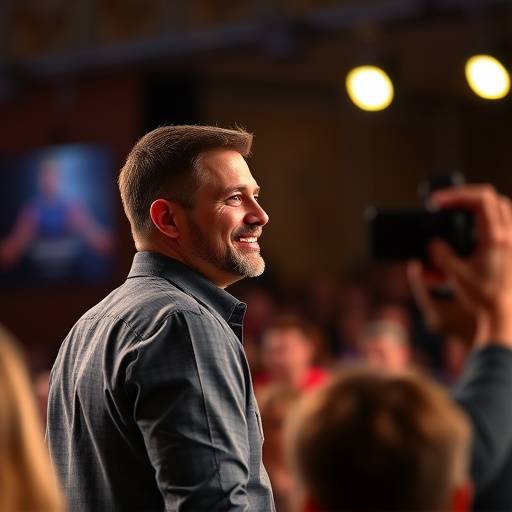 Una persona sonriendo con aplomo y confianza mientras se dirige a un püblico desde un escenario.